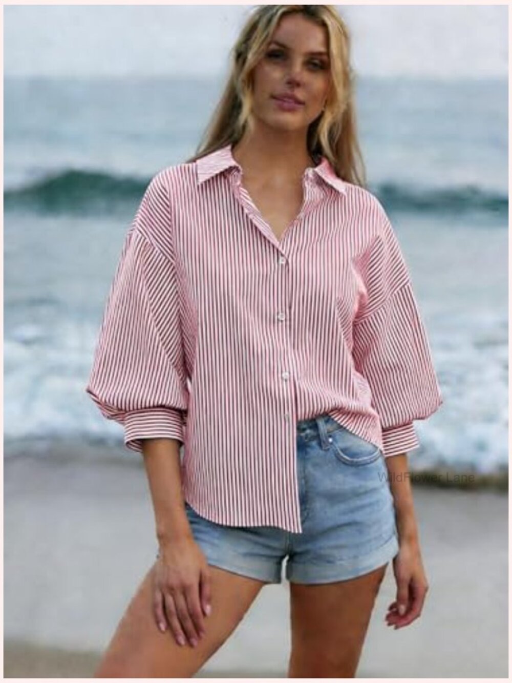 Striped Button Down Shirt 3/4 Puff Sleeve Collared V Neck Loose Blouse - Picture 4 of 7